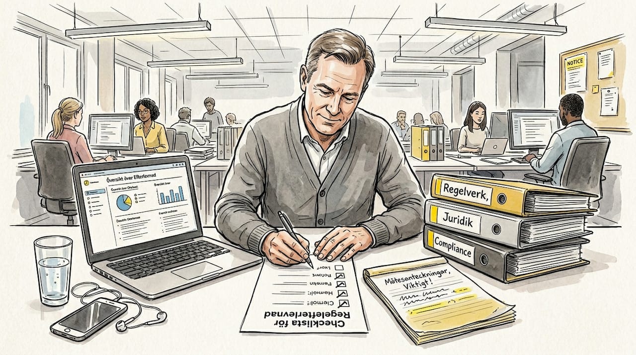 En man sitter vid sitt skrivbord och uppdaterar dokumentationen för regelefterlevnad.