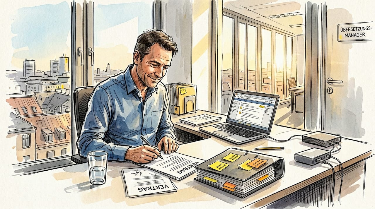 Im Büro sorgt der Übersetzungsmanager dafür, dass alle Dokumente sorgfältig geprüft und sprachlich einwandfrei sind.