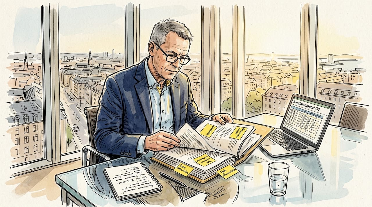 En compliance-medarbejder sidder på kontoret og gennemgår GDPR-dokumenter for at sikre, at virksomhedens databehandling lever op til gældende regler.