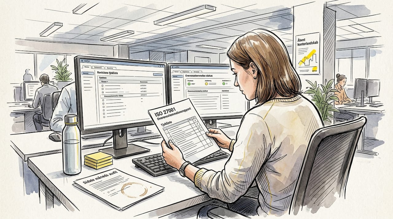 En IT-revisor gennemgår overholdelsesrapporten ved sit skrivebord.