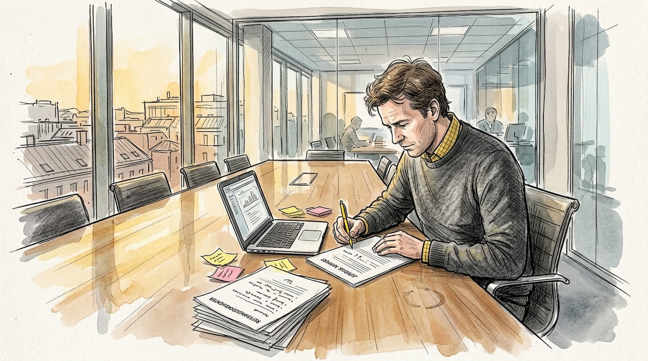 En mann ser nøye gjennom et juridisk dokument under et møte.