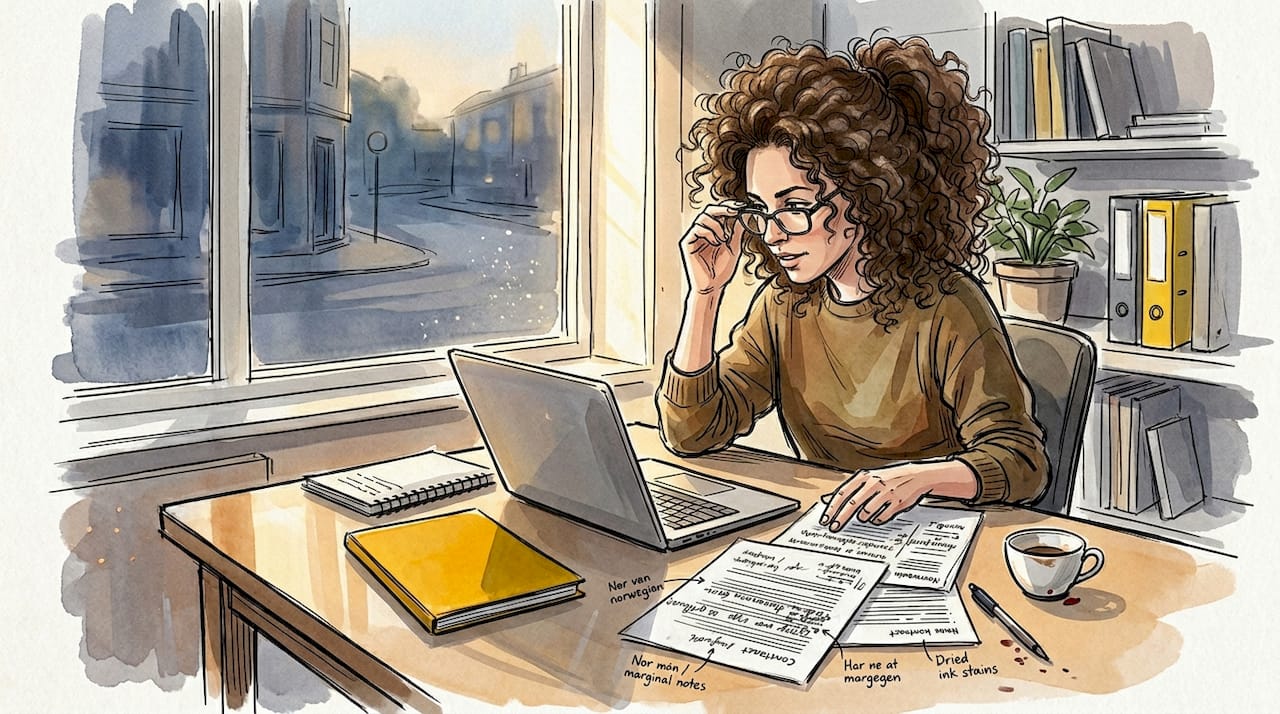 En kvinne jobber hjemmefra med å oversette dokumenter.