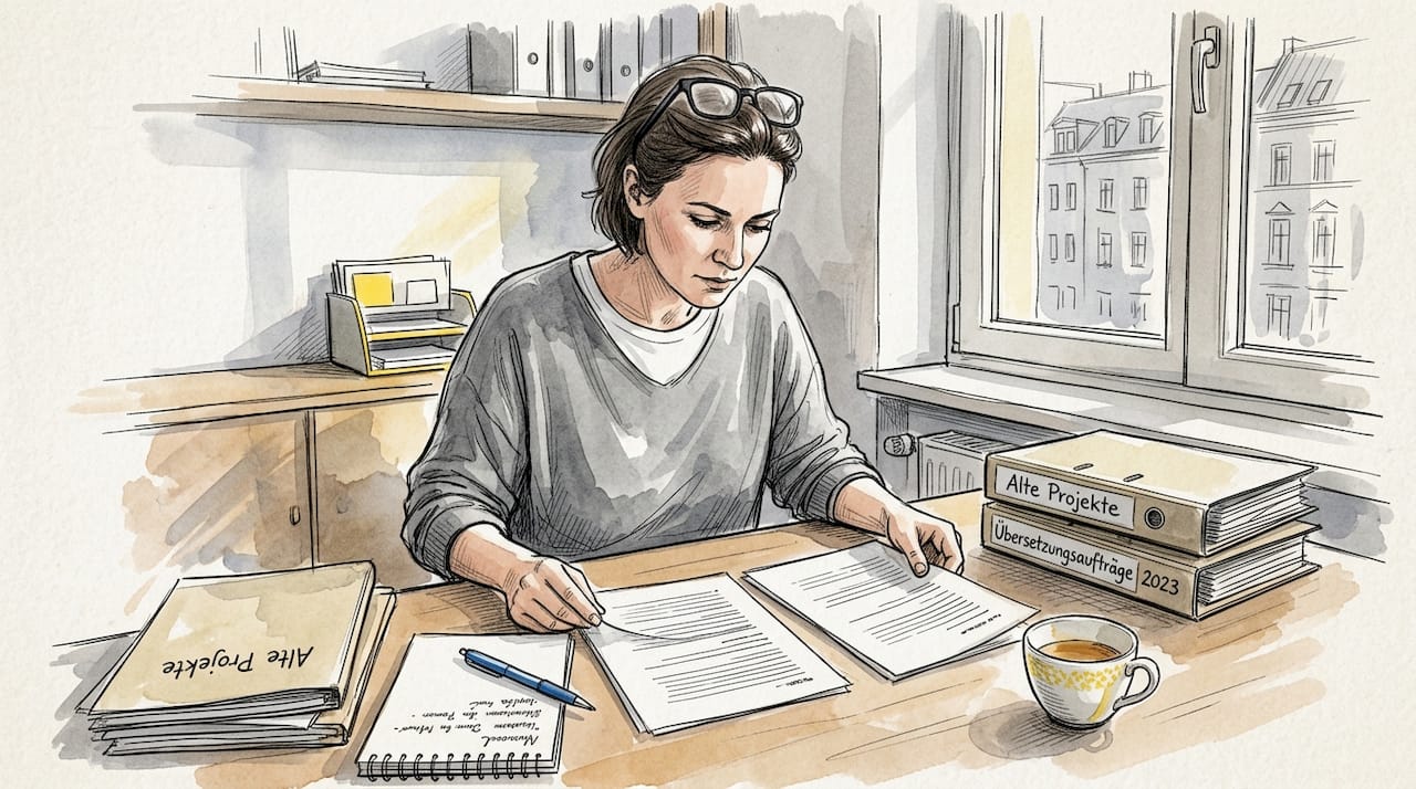 Ein Übersetzer überprüft und vergleicht verschiedene Dokumente im Homeoffice.