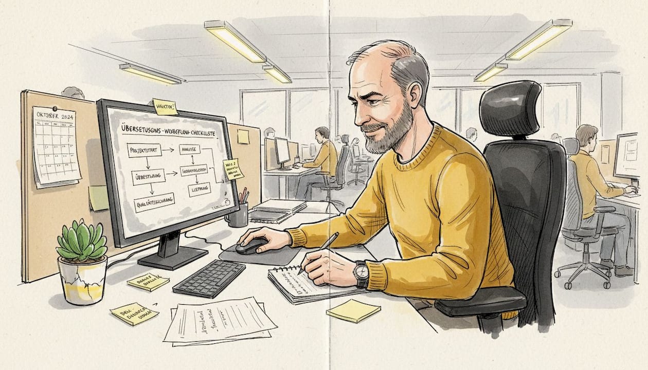 Der Projektleiter prüft den Ablauf der Übersetzungsprozesse.
