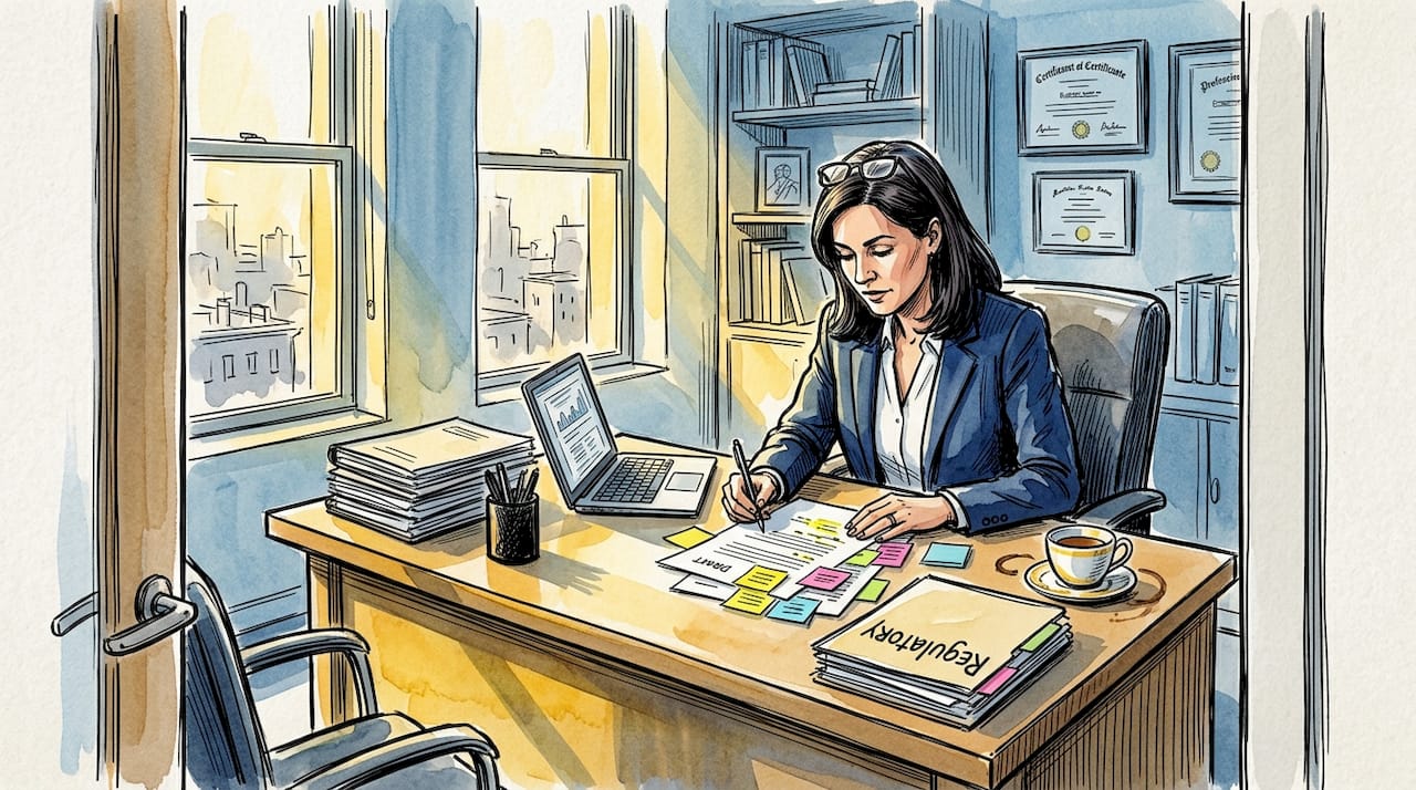 Compliance officer reviews white paper at desk