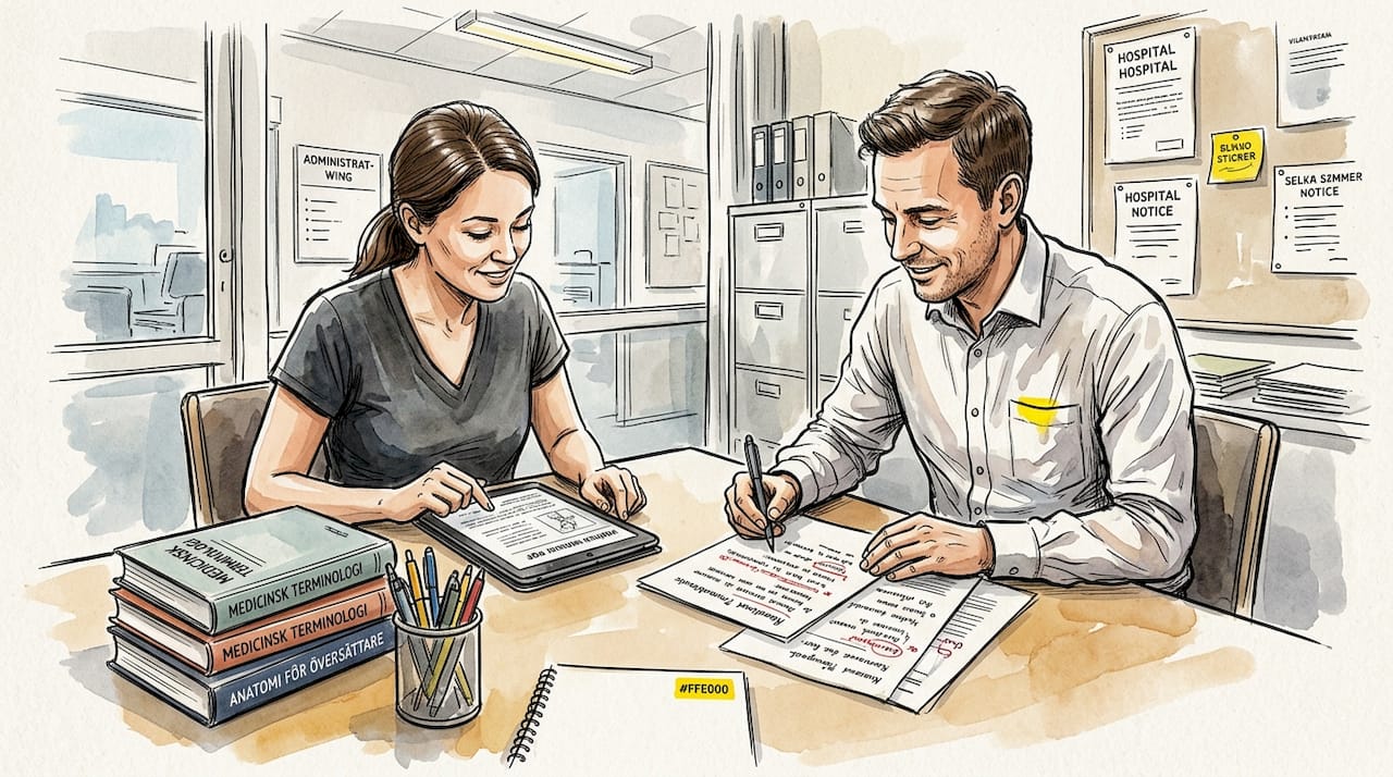 Medicinsk översättare och ansvarig går igenom utkast till översättningar