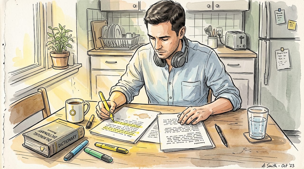 Legal translator compares documents at kitchen table