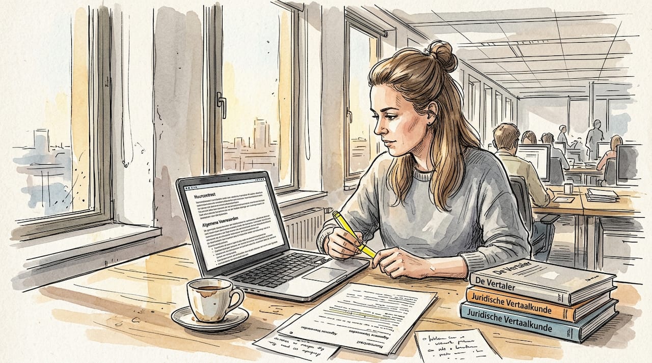 Een vrouw kijkt op kantoor een vertaling na aan haar bureau.