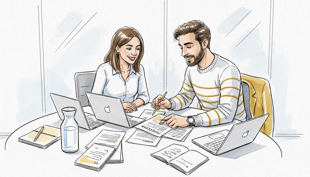 Teamleden overleggen aan de vergadertafel over de juiste vertaling.