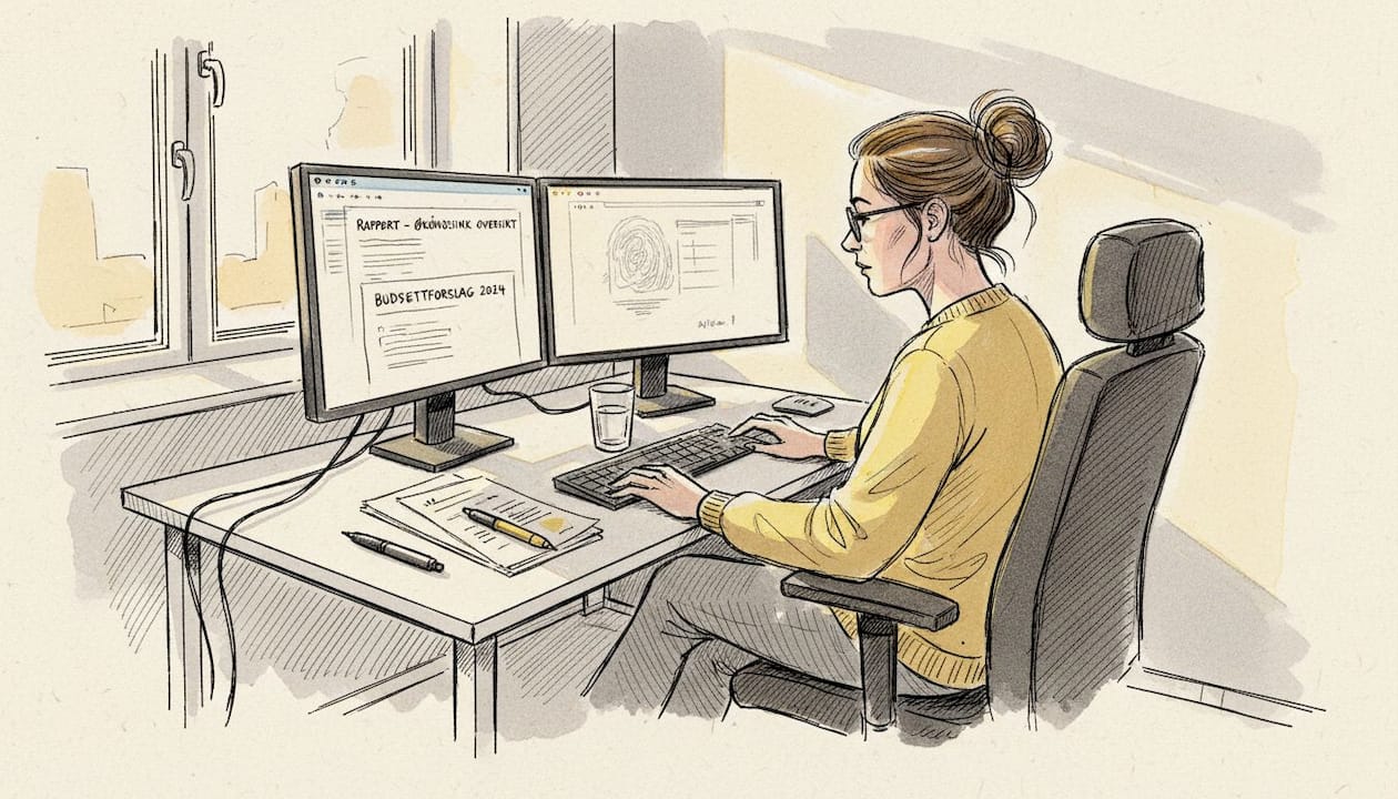 En kvinne sitter på kontoret og sammenligner dokumenter på skjermen.