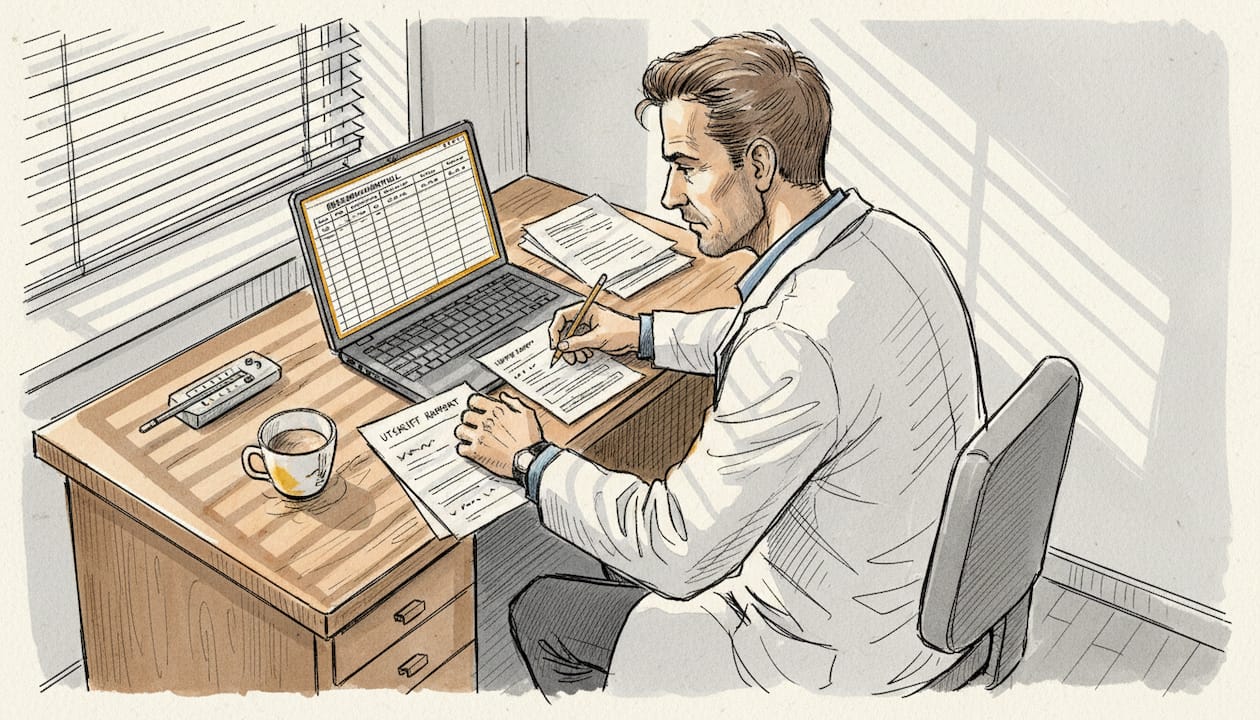 En farmasøyt sitter ved pulten og jobber med å oversette tekster.