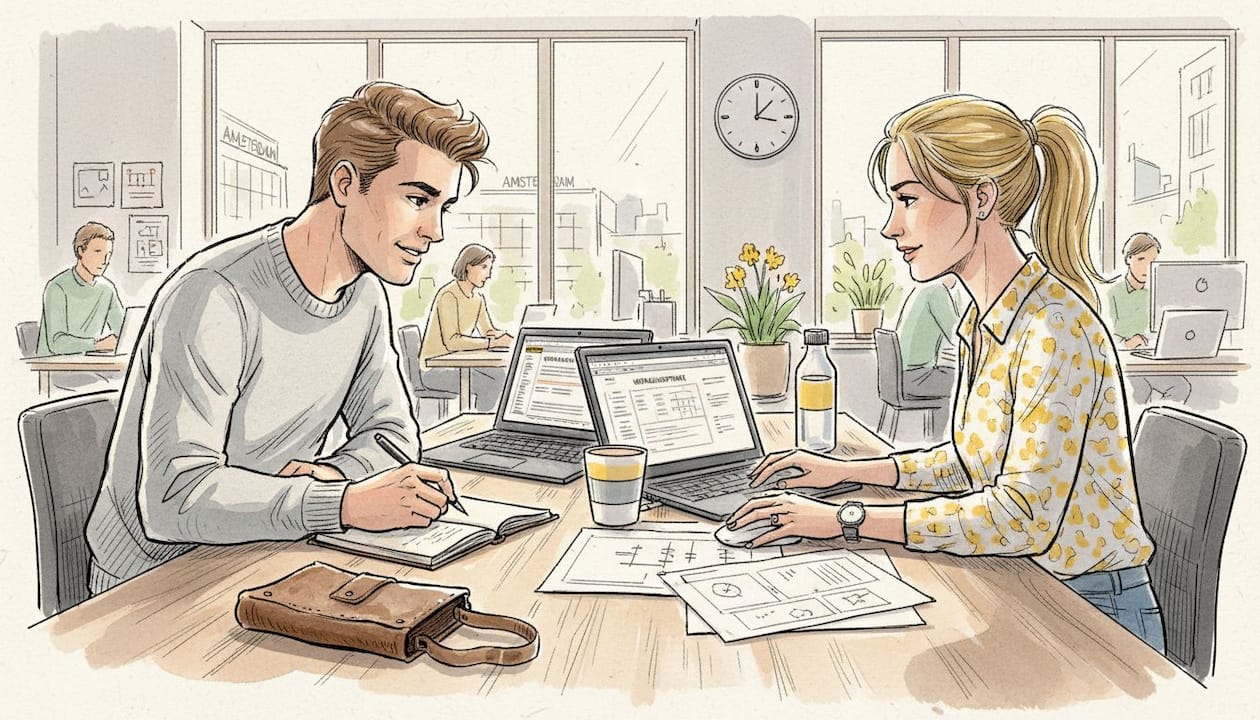 Een team van technische vertalers werkt samen in een open kantoorruimte.