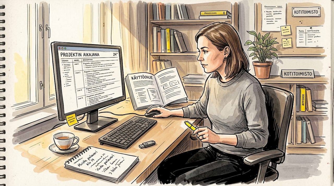 Projektipäällikkö työskentelee kotikonttorilla ja hyödyntää käännöstyökaluja arjen sujuvoittamiseksi.