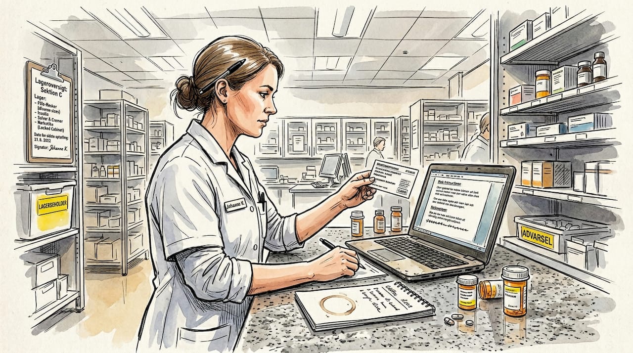 Apotekeren gennemgår den oversatte medicinetiket for at sikre, at alt er korrekt.