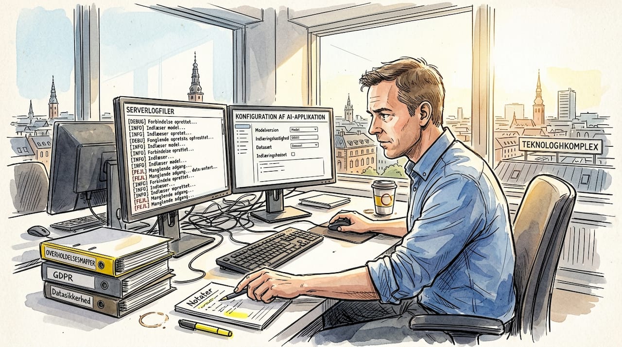 IT-specialist arbejder med opsætning af kunstig intelligens i et moderne kontor med glasvægge