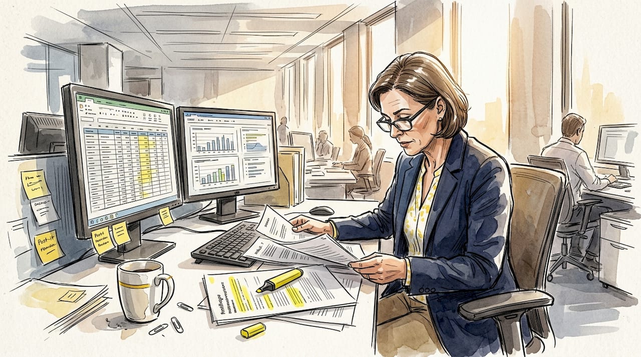 Compliance officer reviewing multilingual regulatory documents