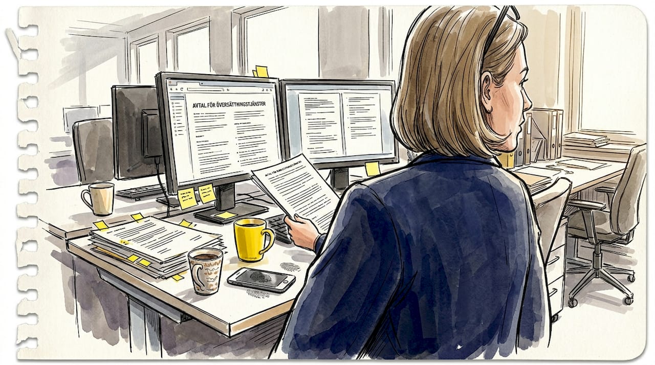 En projektledare inom översättning går igenom ett avtal på flera språk.