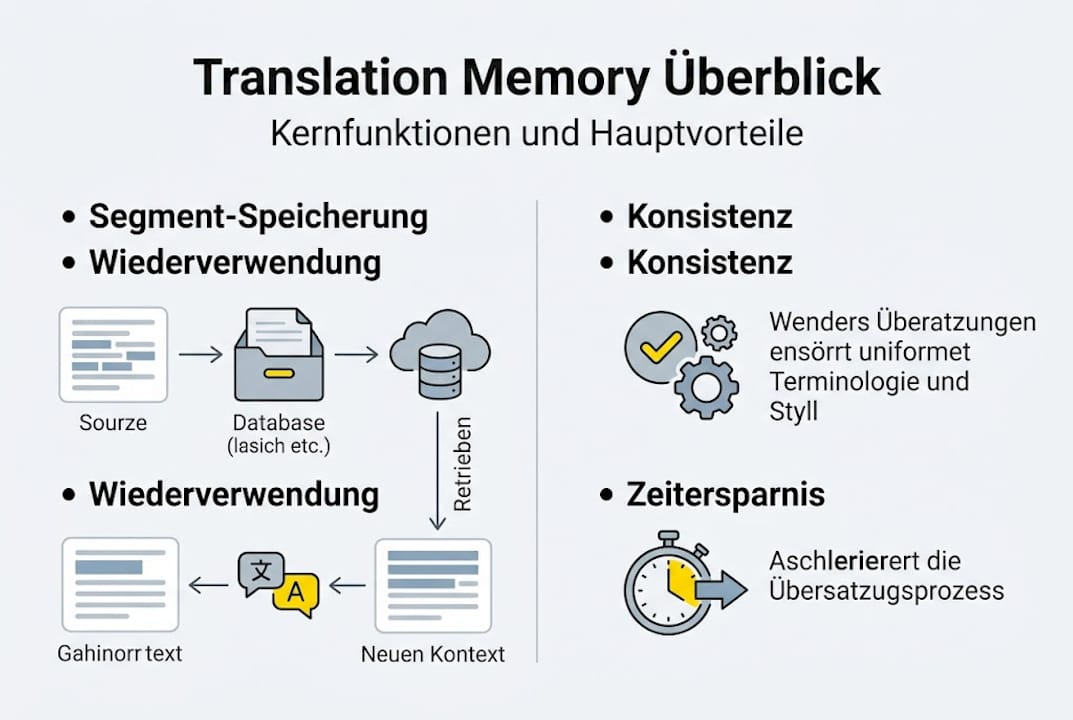 Infografik: Translation-Memory – Funktionen und Vorteile auf einen Blick