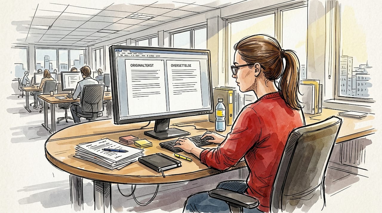 En oversetter sitter på kontoret og går nøye gjennom dokumentene for å sammenligne innholdet.