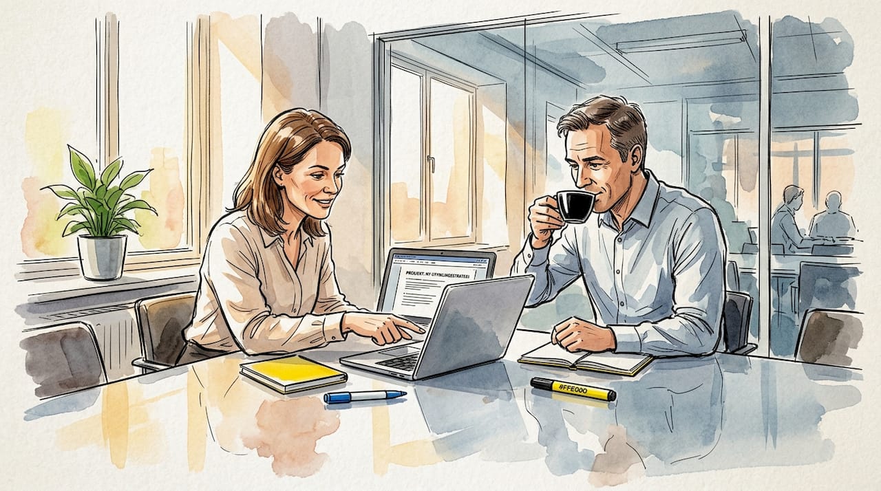 To kollegaer sitter ved pulten og diskuterer oversettelse.