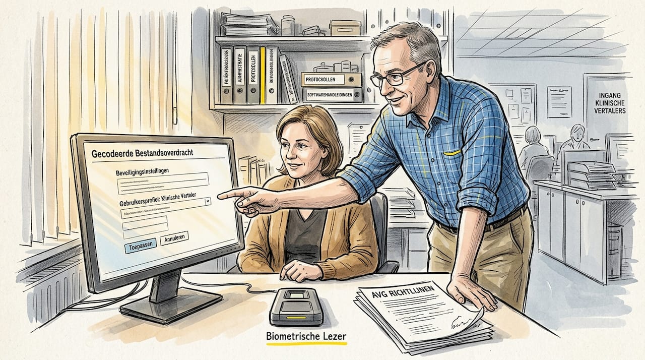 Een IT-specialist zorgt voor een veilige, versleutelde bestandsuitwisseling.