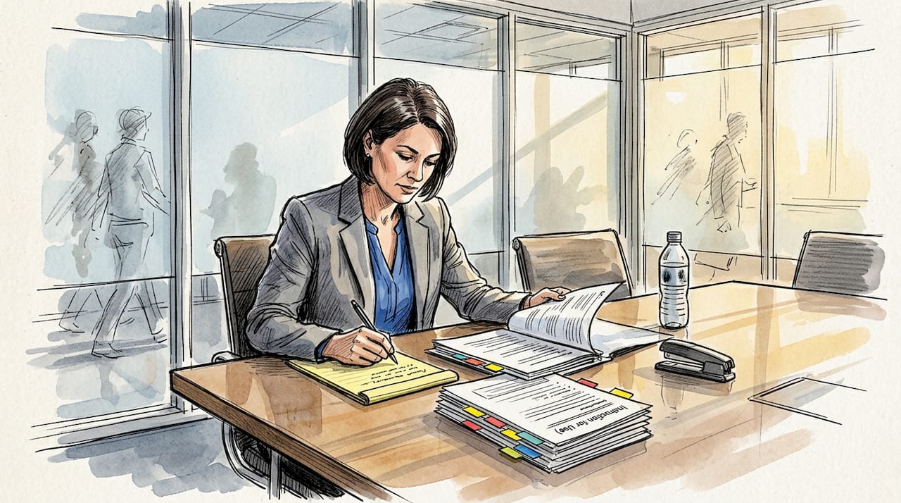 Manager reviewing translated IFU documents in meeting