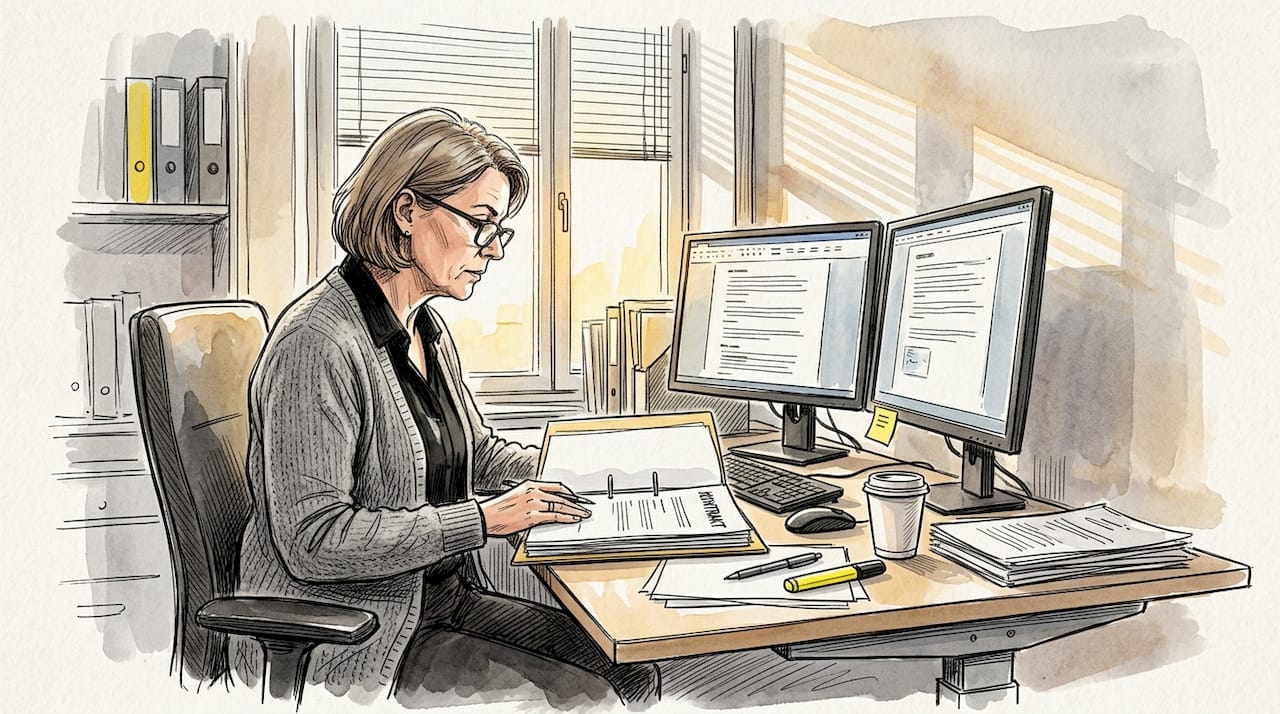 En jurist går igenom översättningar i sitt ljusa kontor med solsken utanför fönstret.