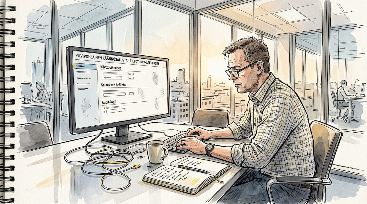 IT-asiantuntija varmistaa pilvipalvelun käännösten tietoturvan