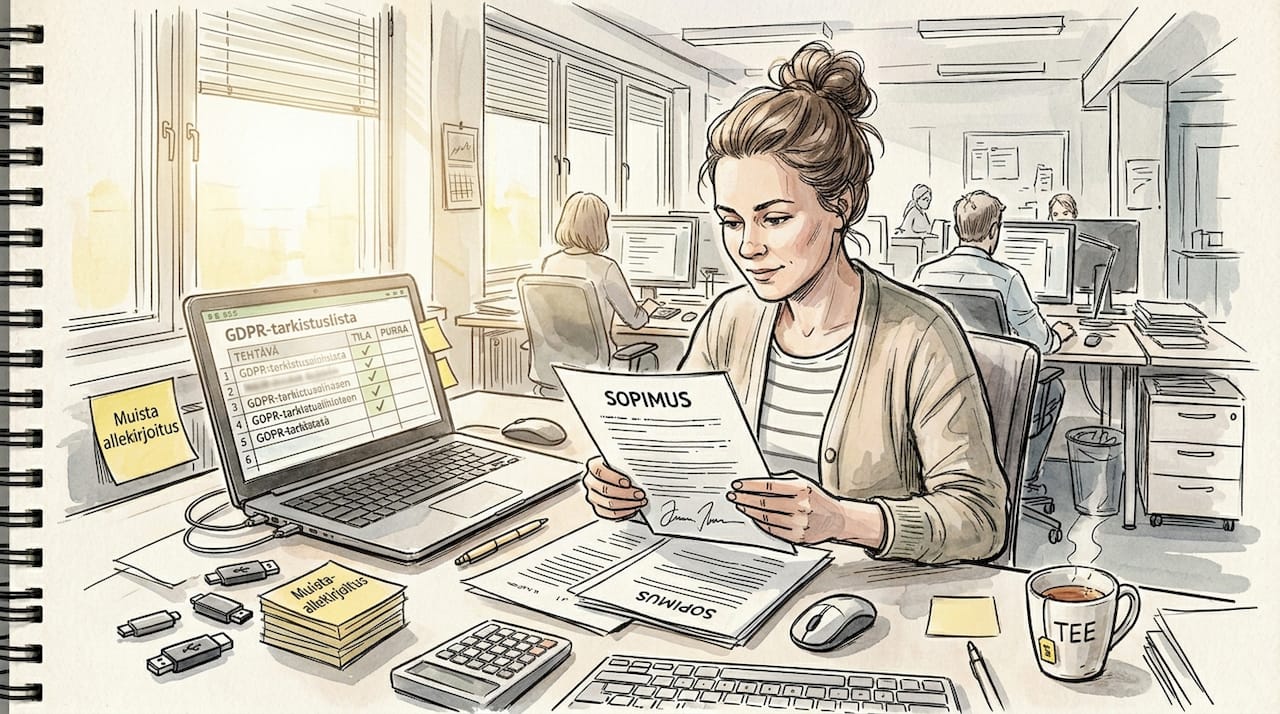 Käännöspäällikkö käy läpi sopimusta kiireisen työpöydän ääressä.