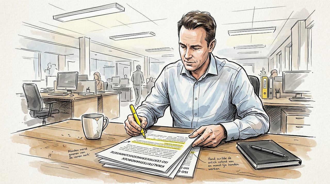 Een medewerker controleert of alle documenten voldoen aan de ISO-normen.