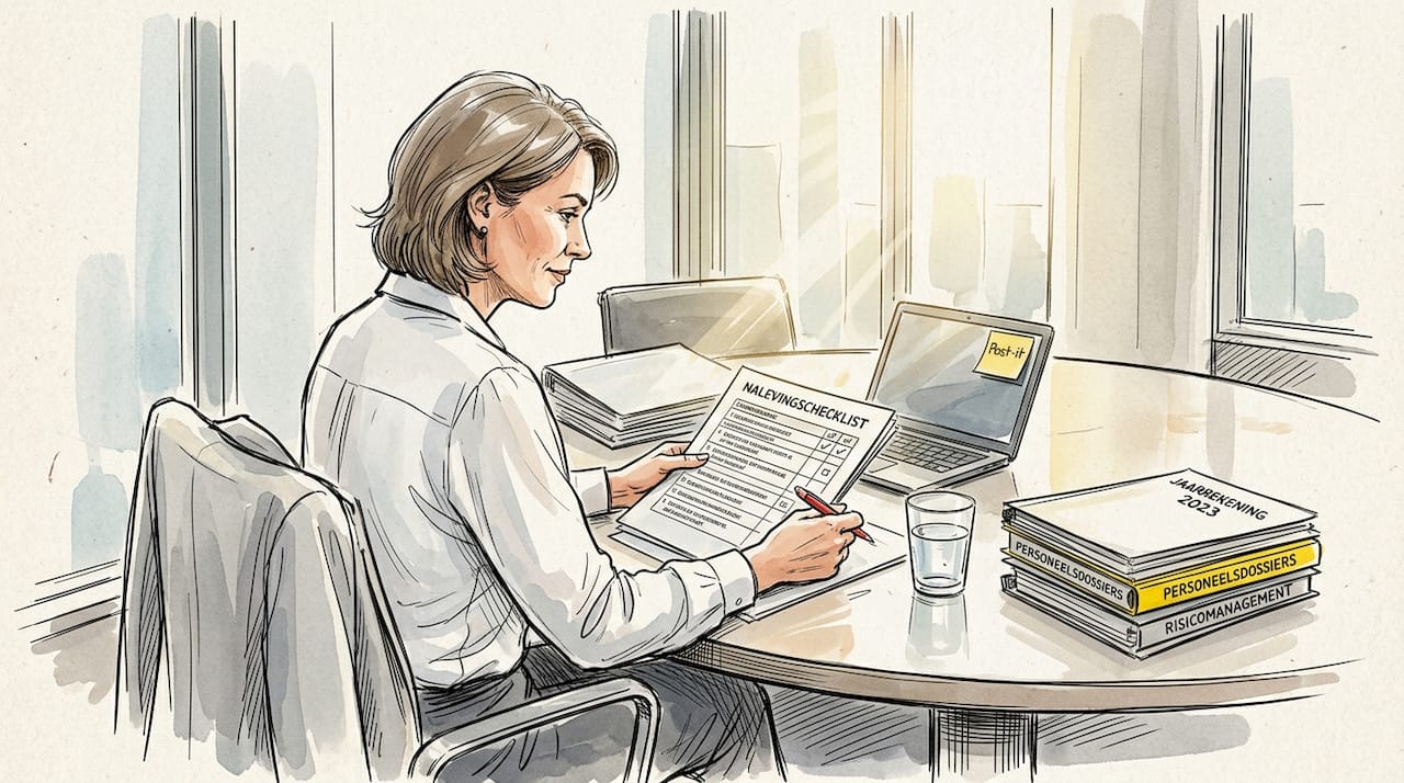 Een professional controleert zorgvuldig de compliance-checklist op kantoor.