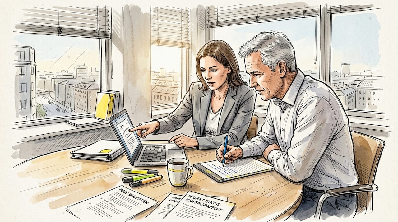 En gruppe kolleger sidder rundt om mødebordet og drøfter, hvordan virksomhedens compliance-krav bedst kan oversættes til praksis.