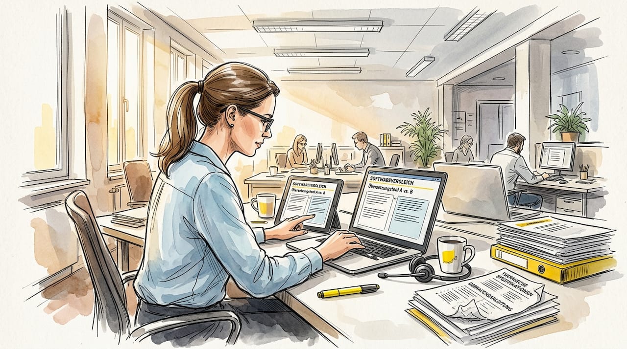 Geschäftsfrau arbeitet am Schreibtisch und nutzt digitale Übersetzungshilfen.