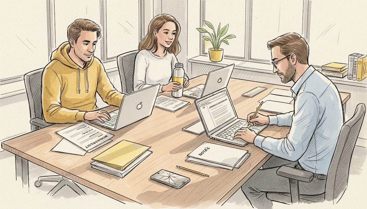 Het vertaalteam werkt samen aan het controleren en verbeteren van documenten.