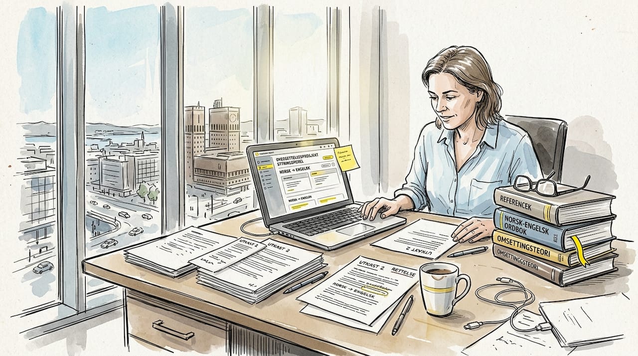 En oversetter sitter konsentrert og går gjennom utkast midt i et travelt kontormiljø.