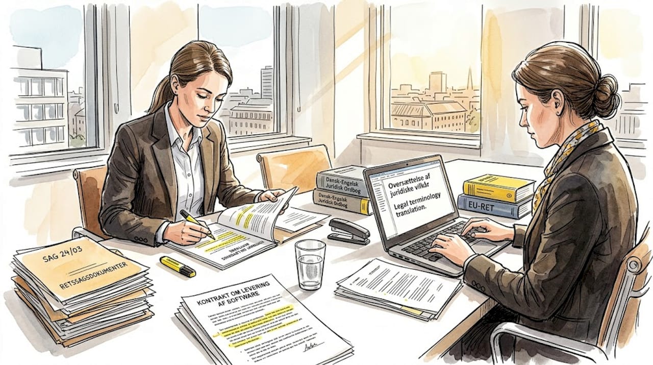 Juridiske oversættere gennemgår dokumenter på kontoret