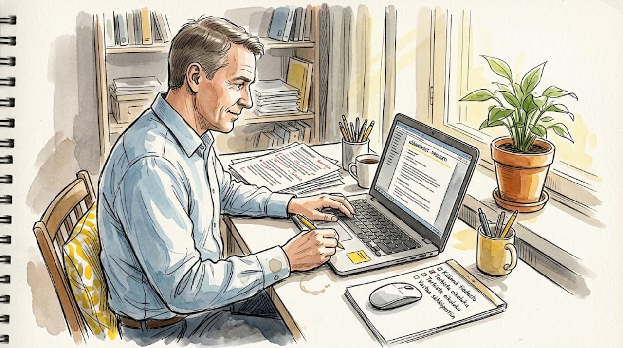 Kääntäjä päivittää tiedostoa kotitoimistolla työpöytänsä ääressä.