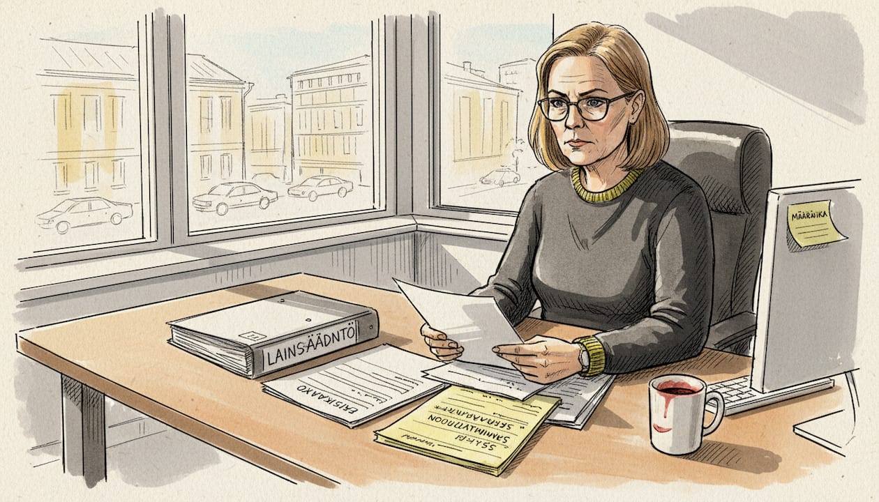 Compliance-asiantuntija käy läpi asiakirjoja toimistopöytänsä ääressä.