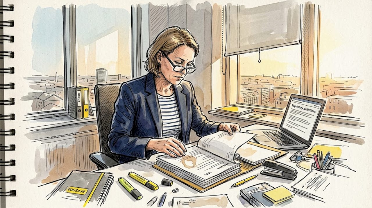 En kvinde gennemgår compliance-dokumenter ved sit skrivebord på kontoret.