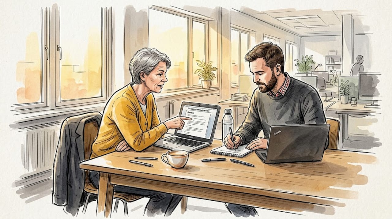 Kollegaer snakker sammen om, hvordan oversættelseskvaliteten kan blive endnu bedre.