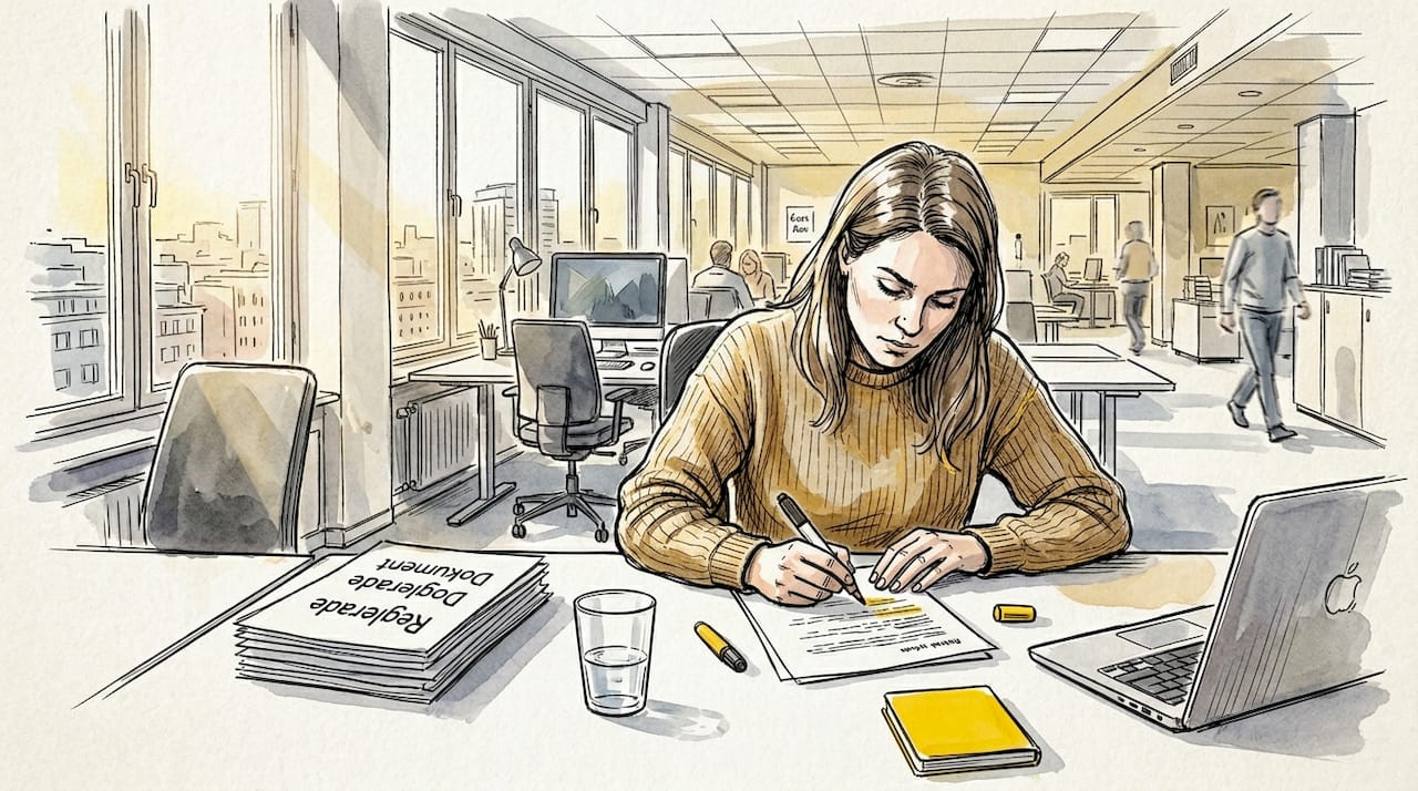 En projektledare går igenom dokument vid sitt skrivbord.