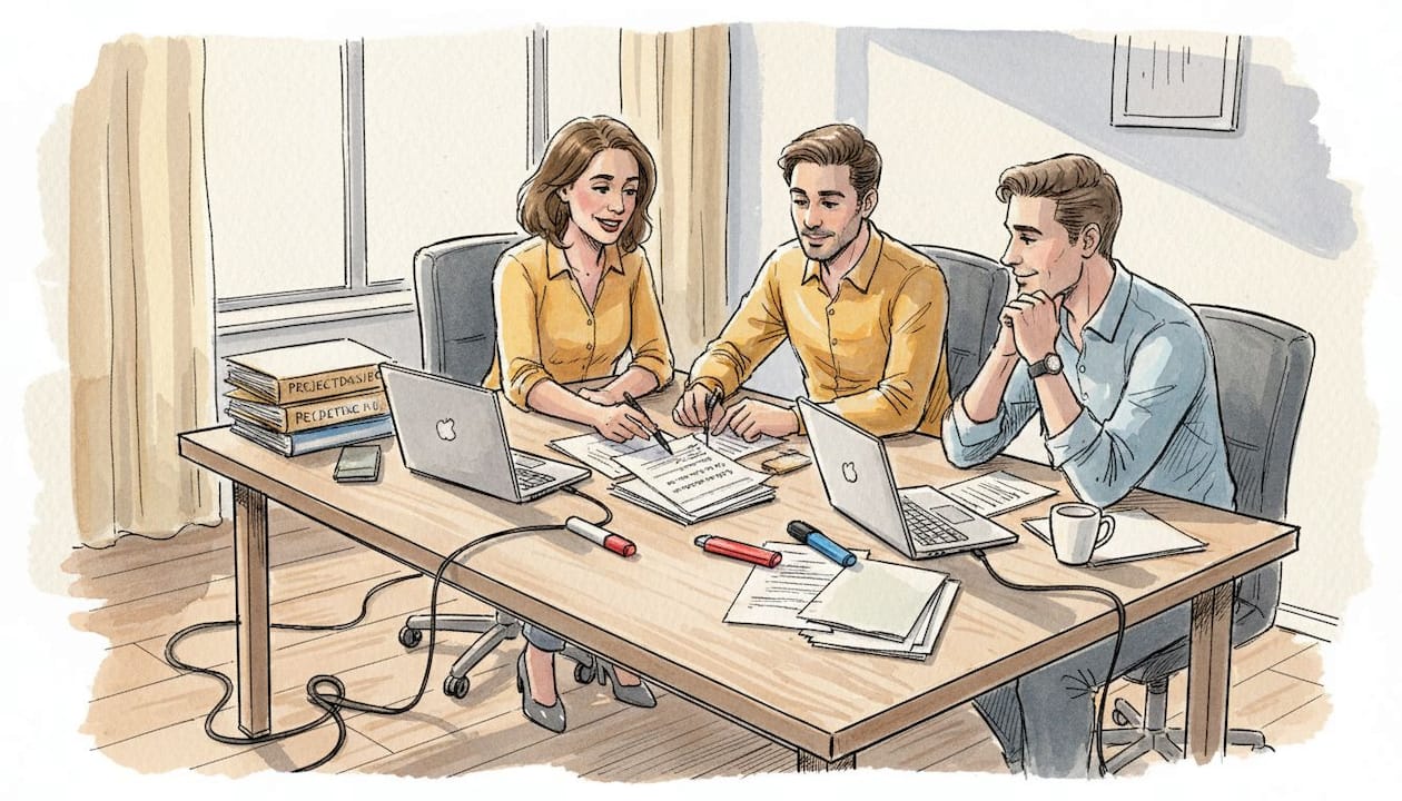 Het team komt samen om de conceptvertalingen te beoordelen en te bespreken.