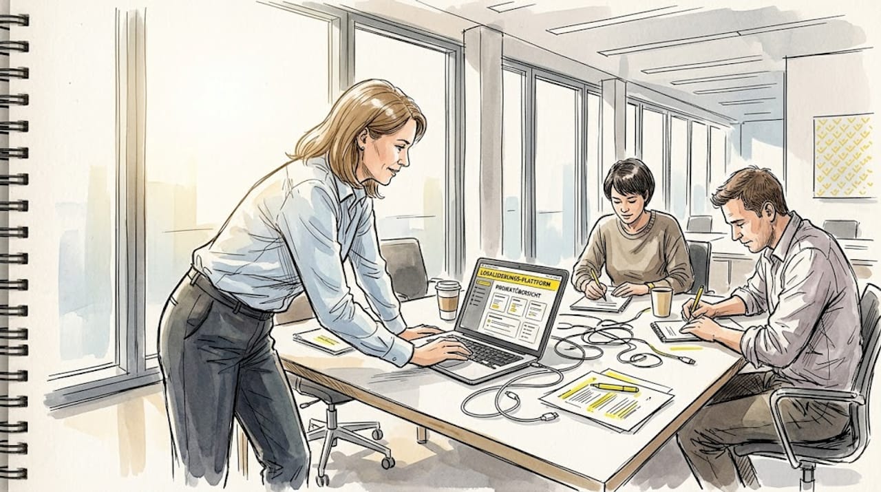 Ein Team arbeitet gemeinsam an einer Übersetzungsplattform.