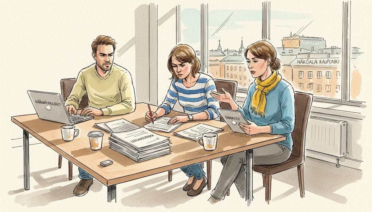 Tiimi käy läpi asiakirjoja toimistolla