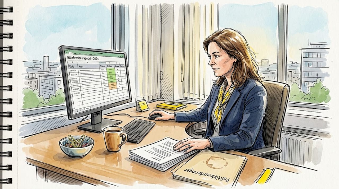 En compliance-ansvarlig går nøye gjennom utskrevne retningslinjer for databehandling.