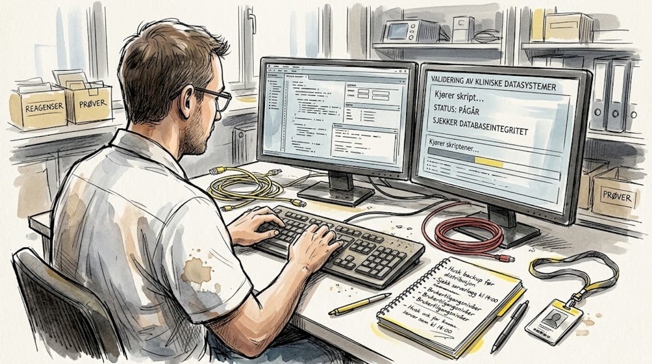 En tekniker sitter ved skrivebordet og kvalitetssikrer datasystemet for legemidler.