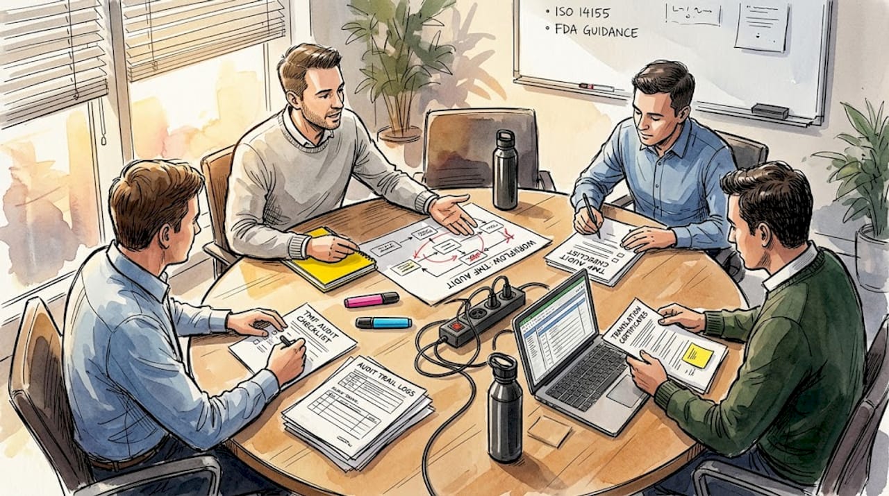 Team reviews translation audit workflows together