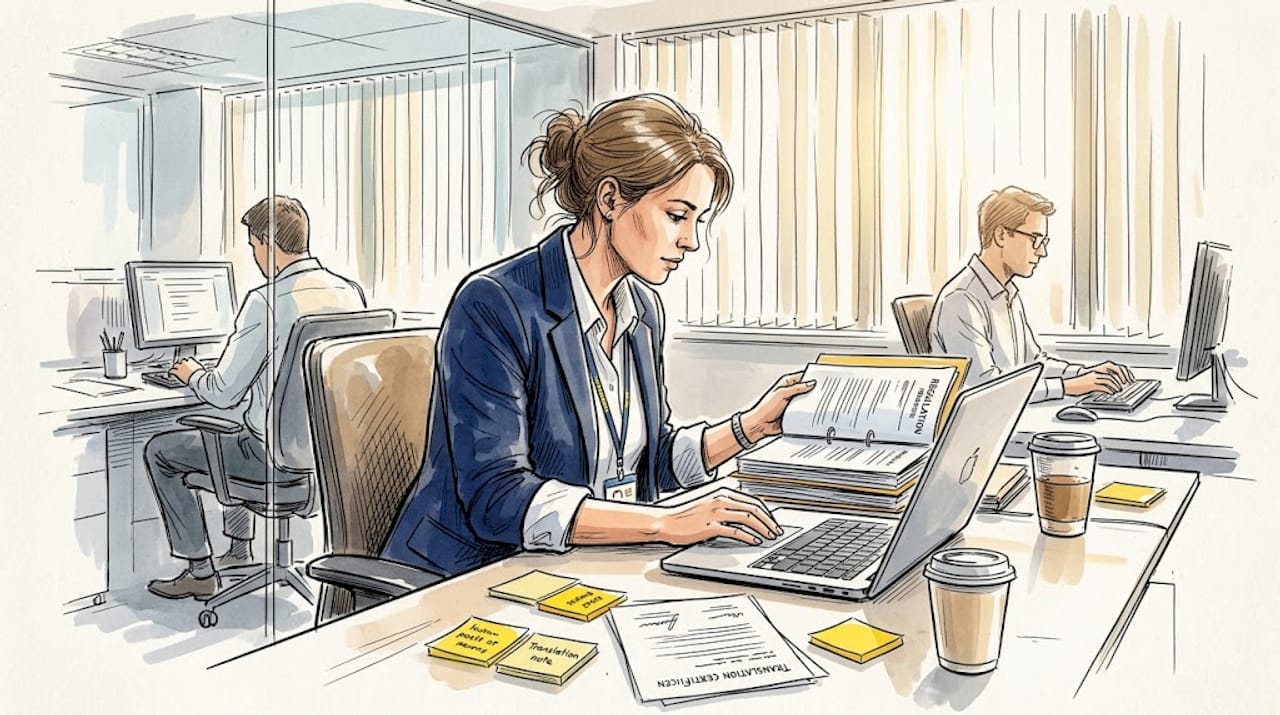 Manager reviews multilingual compliance documents at desk