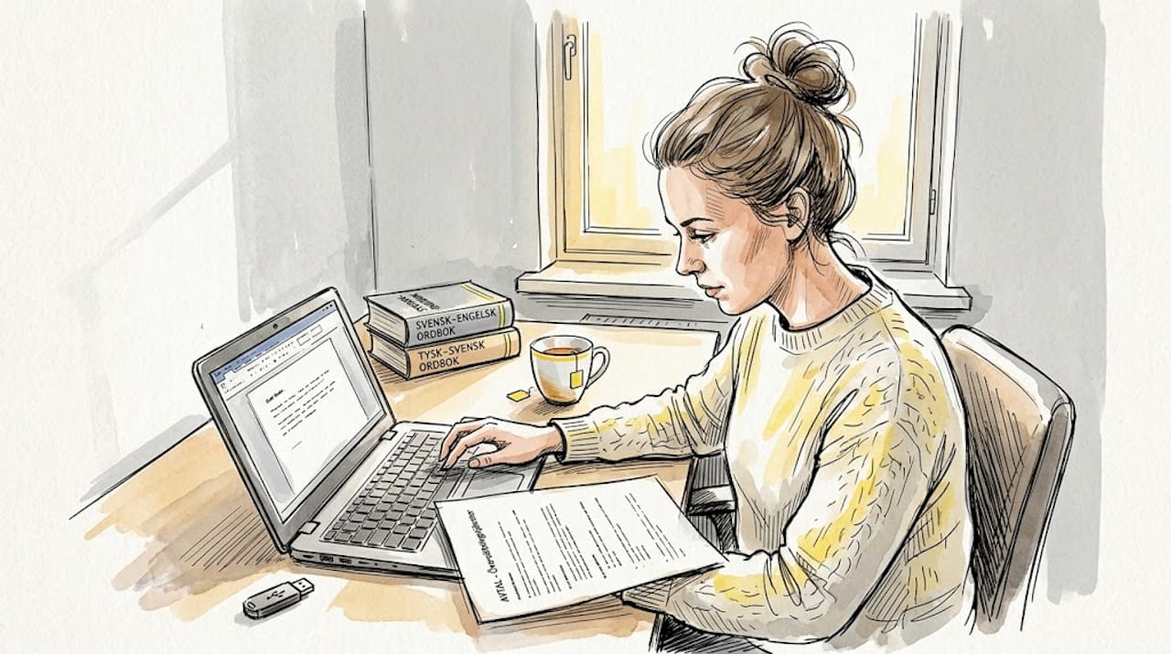 En översättare granskar juridiska handlingar vid sitt skrivbord.