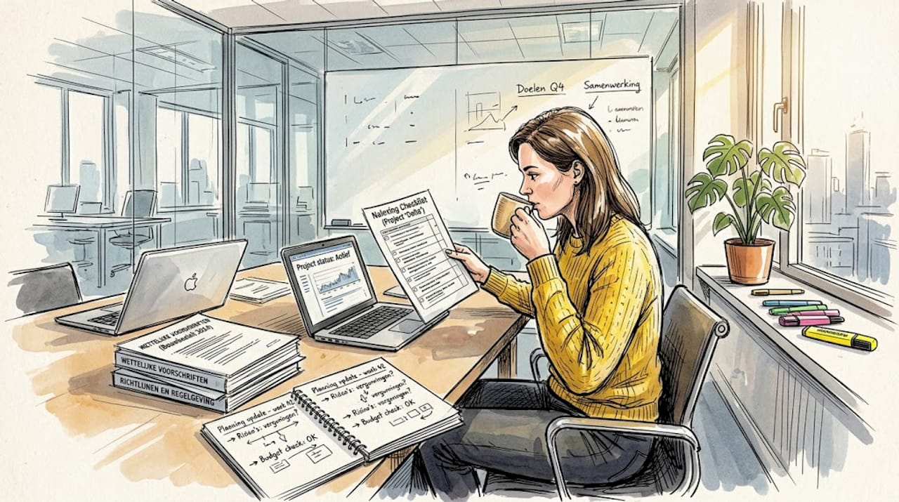 In zijn kantoor loopt de projectmanager de vertaaldocumenten zorgvuldig na.